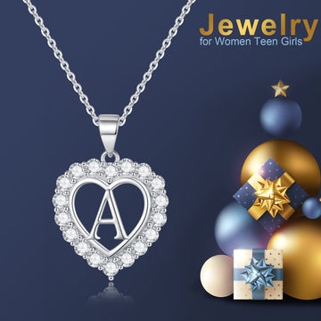 Silvery, heart-shaped zircon initial letter pendant necklace, women's jewelry, a gift for girls;