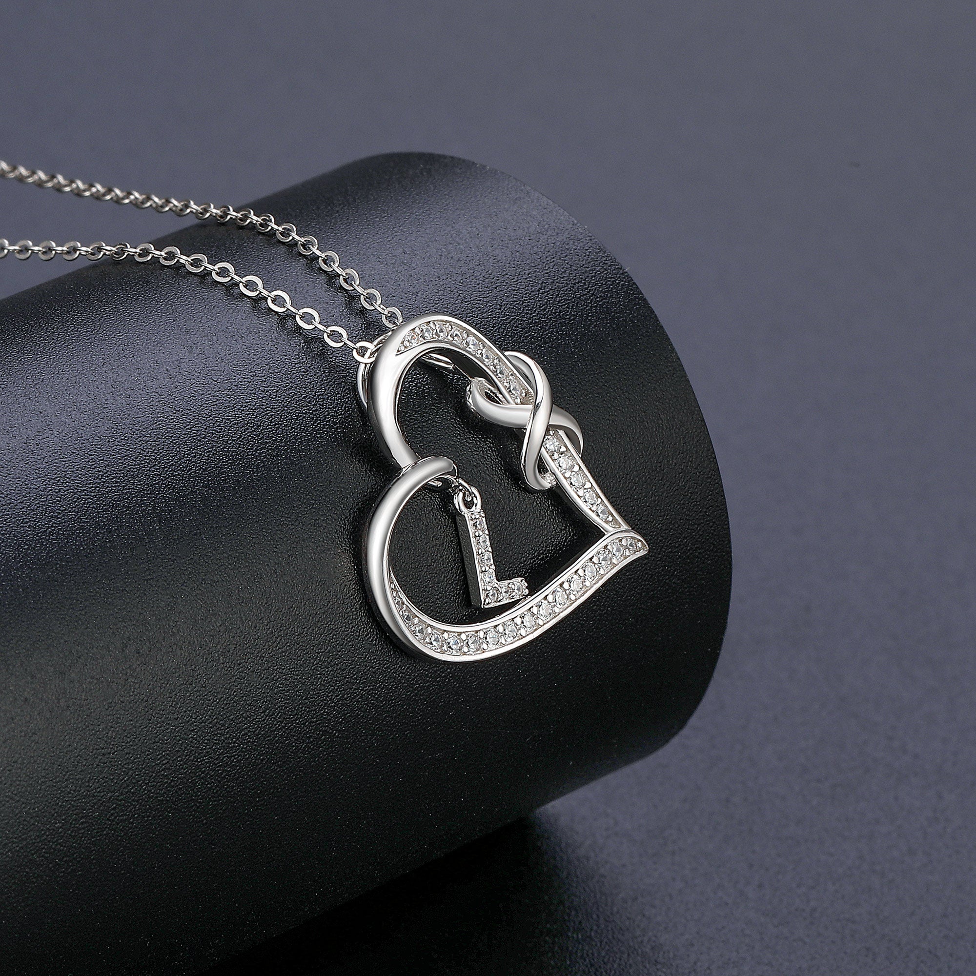 Silvery, heart-shaped double knot zircon pendant necklace with the first letter, women's jewelry, a gift for girls;