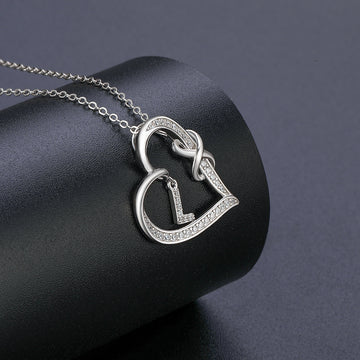 Silvery, heart-shaped double knot zircon pendant necklace with the first letter, women's jewelry, a gift for girls;