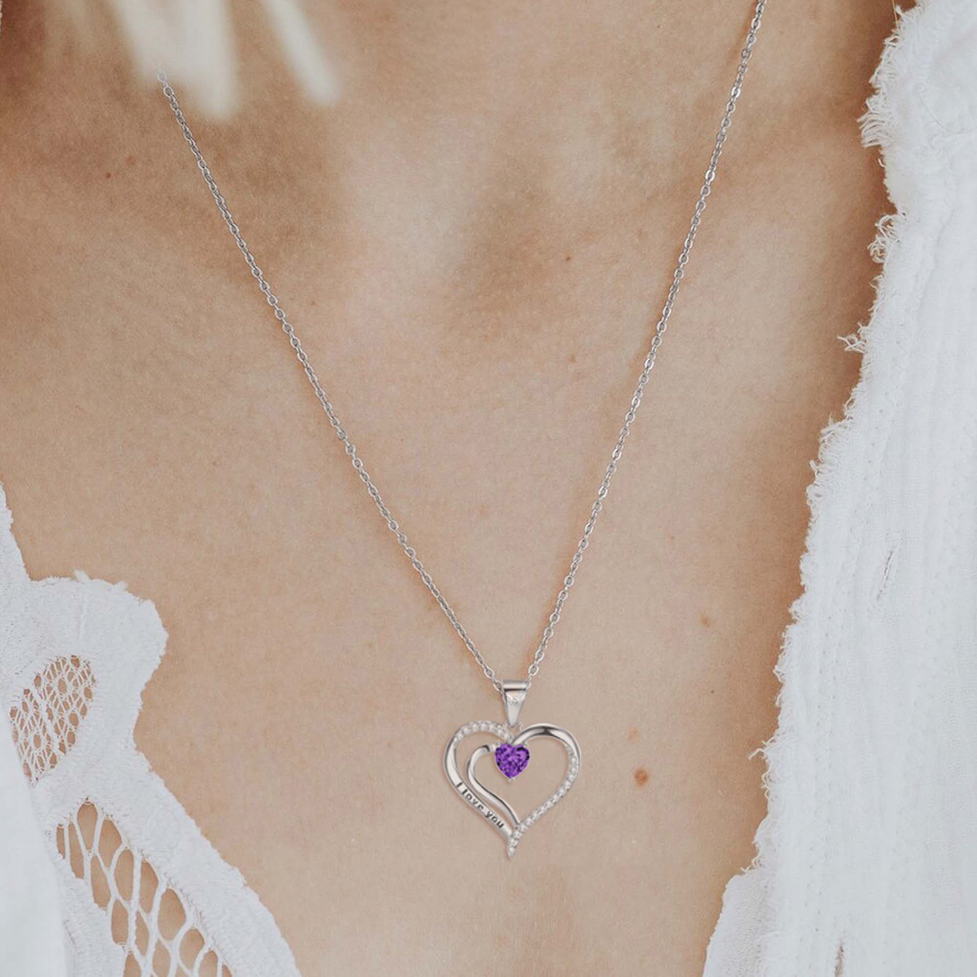 Silvery, double-sided heart-shaped birthstone necklace, S925 silver plated birthstone necklace, suitable for teenage girls, birthday jewelry gift;