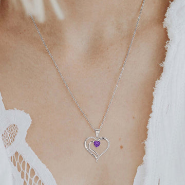 Silvery, double-sided heart-shaped birthstone necklace, S925 silver plated birthstone necklace, suitable for teenage girls, birthday jewelry gift;